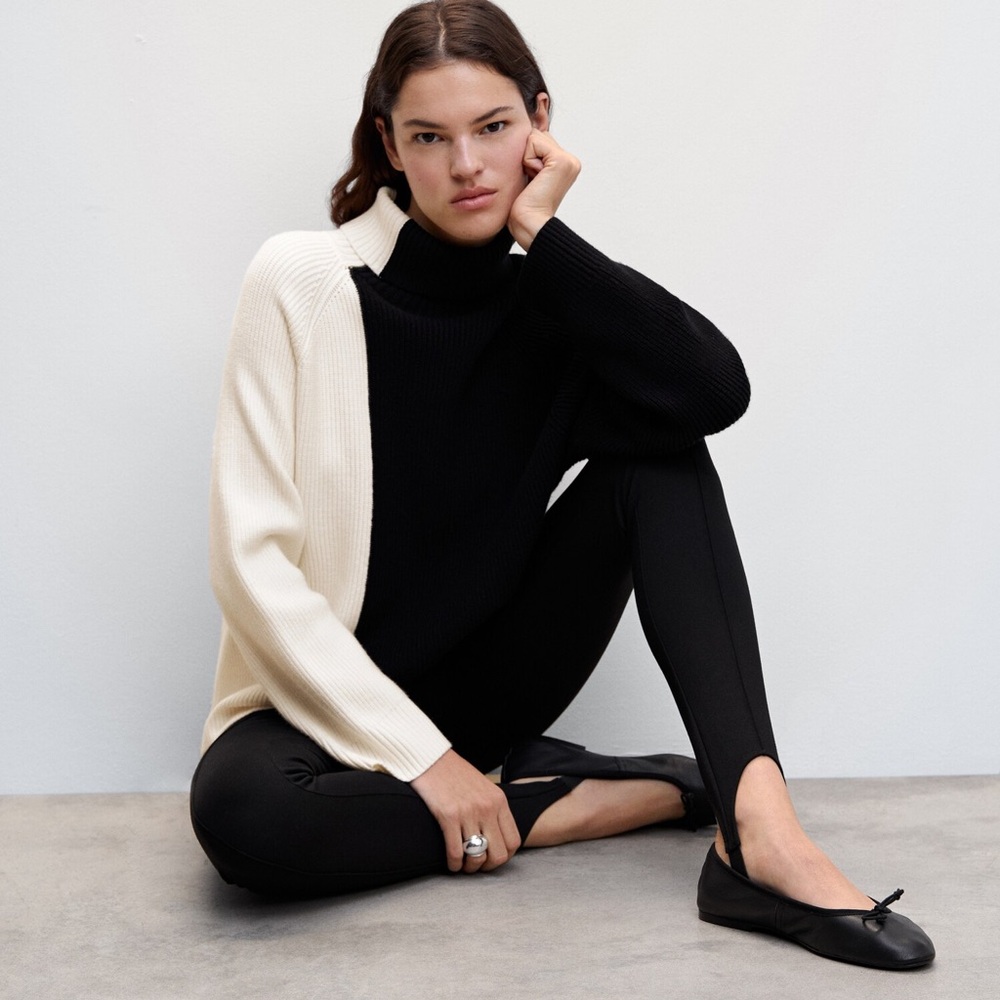 Mango Two Tone Oversized Black and White Women's Knit Turtleneck Sweater